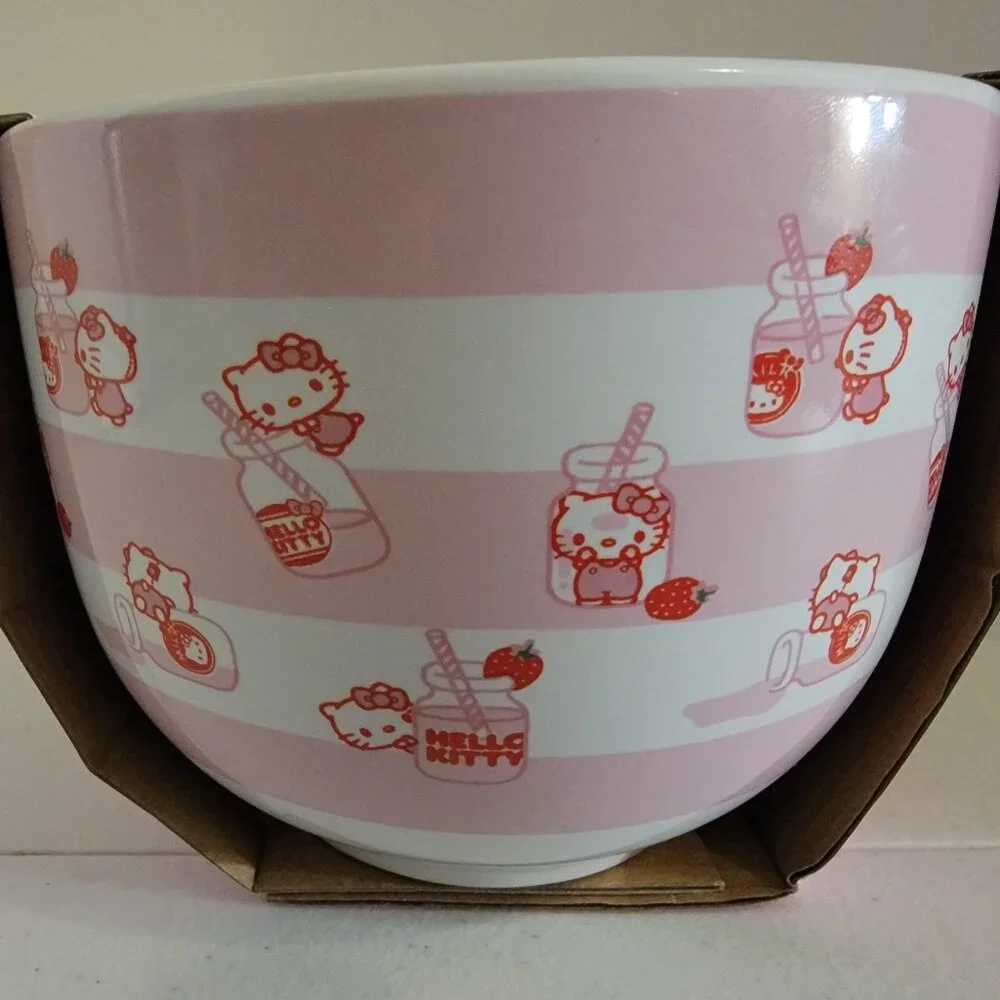 Hello Kitty Tokyo Pink Stripes Ramen Bowl Chopsticks Set New Sanrio Kawaii Ceram